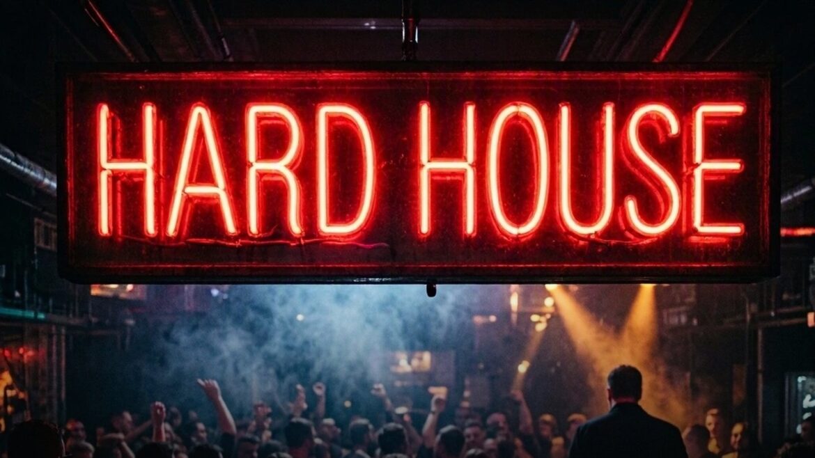 Neón rojo de Hard House sobre una pista de club abarrotada