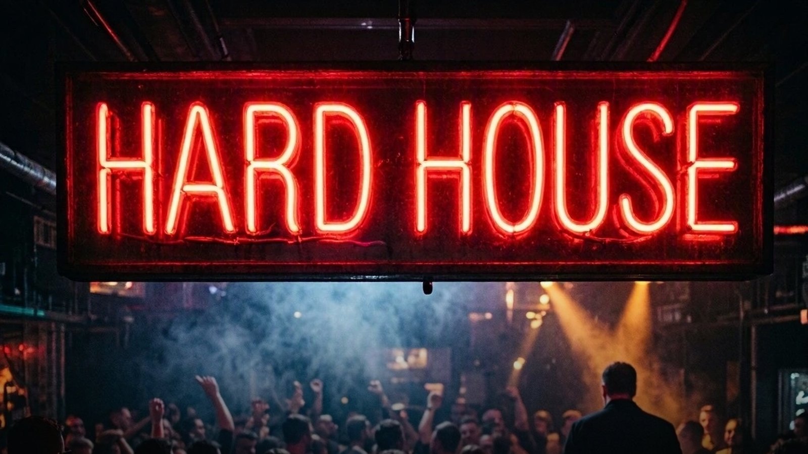 Neón rojo de Hard House sobre una pista de club abarrotada